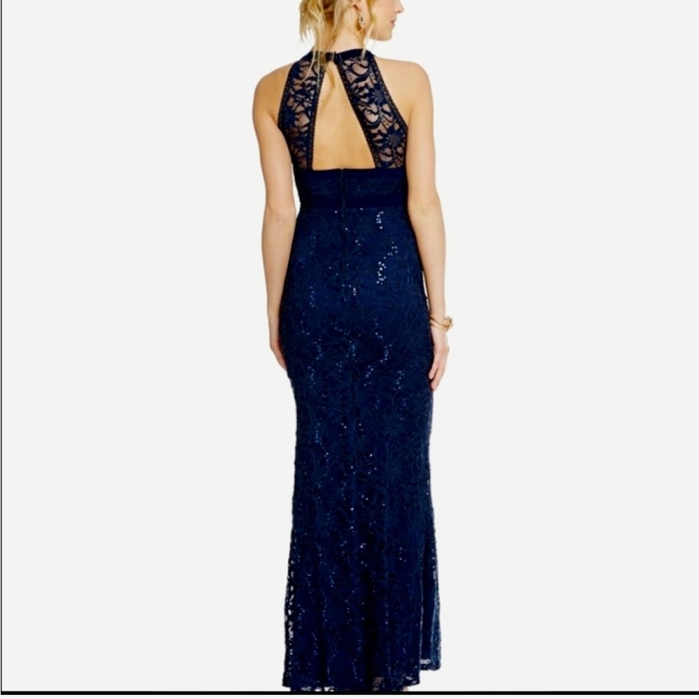 B. Darlin Formal Prom Navy Blue Maxi Dress Gown Lace Sequin Open Back Size 3/4